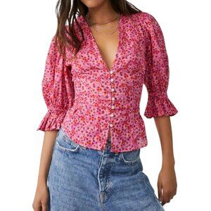 Free People I Found You Floral Button Blouse, Pink Party Combo, M